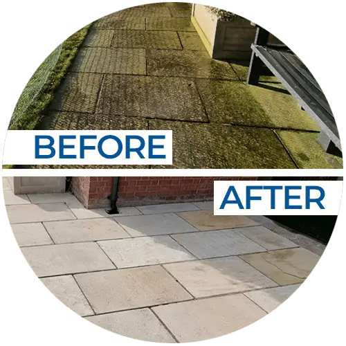 mossy path before and after pressure washing